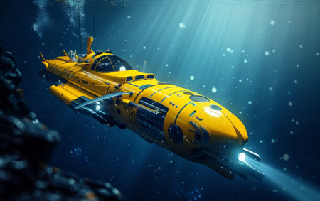 A sleek, yellow underwater exploration vehicle plunges deeper into the vast, blue-green ocean, its powerful thrusters propelling it through the shimmering, illuminated watersの素材