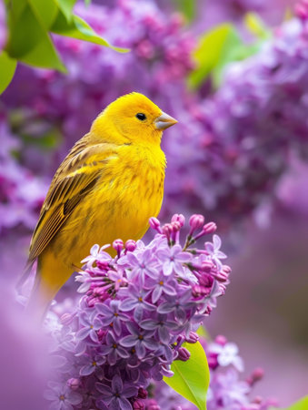 A brilliant golden canary sits perched within a captivating cluster of fragrant lilac blossoms, creating a striking natural scene of vibrant color and delicate beautyの素材