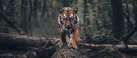A Bengal tiger pauses on a fallen tree trunk, its intense gaze piercing through the forest as it scans for prey, radiating power and purposeの素材