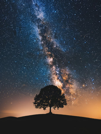 The Milky Way seems to pour like a celestial waterfall over a lone tree perched atop a hill, under a night skyの素材