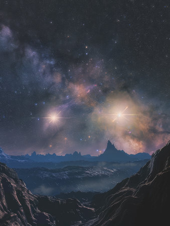 Majestic mountains under a star-studded sky, with brilliant cosmic events illuminating the nightの素材