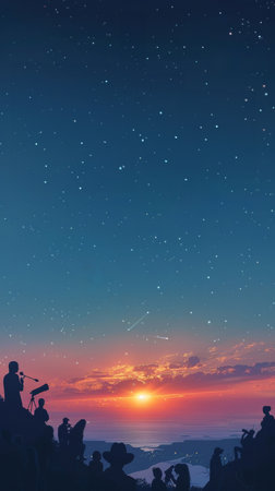 Silhouettes of observers line a seaside cliff during sunset, as they partake in a peaceful stargazing event under a celestial canopyの素材