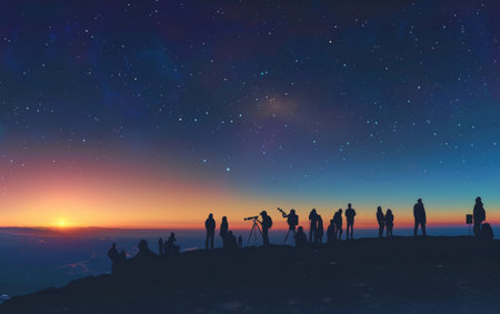 A crowd assembles on a rocky terrain, silhouetted against a twilight sky dotted with stars, sharing the moment as the sun setsの素材