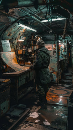 A watchful military personnel stands in a submarine command room surrounded by maps and vintage control panelsの素材