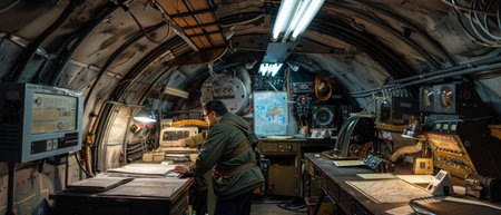 An officer meticulously studies navigational charts amidst the control panels and aged equipment of a submarine's command centerの素材