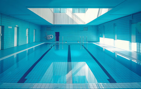An indoor swimming pool bathed in natural light, reflecting the architectural details of its serene, blue-tiled surroundingsの素材