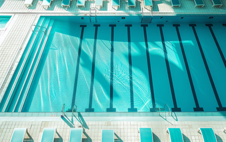 Aerial shot of a serene resort pool with glistening waters and symmetrically arranged loungers, invoking a sense of calm luxuryの素材