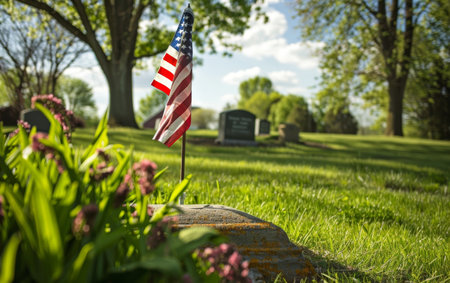 An American flag stands sentinel at a veteran's grave, with blooming flowers and lush greenery in a serene cemeteryの素材