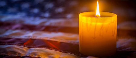 A warm, flickering flame illuminates an American flag-themed candle, evoking a sense of patriotism and reverence for fallen heroes on Memorial Dayの素材