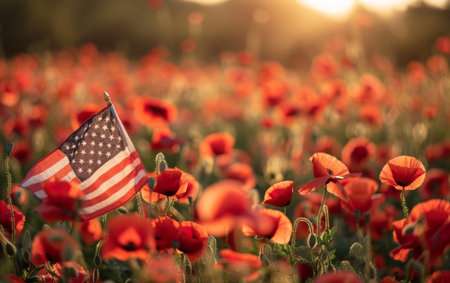 A small American flag stands proudly among blooming red poppies during the golden hour, symbolizing honor and memoryの素材