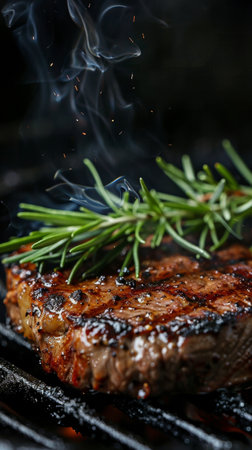 Closeup of a succulent grilled beef steak, seasoned with rosemary and served with a drizzle of balsamic sauce, presented against a dark background for a dramatic effectの素材