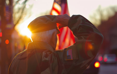 A respectful elderly veteran in military uniform salutes the American flag in a solemn Memorial Day ceremony, embodying patriotism and honorの素材