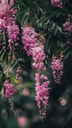 Enchanting vertical clusters of pink flowers nestled within the embrace of verdant greenery, emanating a sense of peace and growthの素材