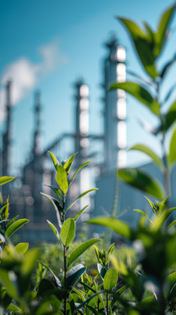 Young green leaves in the sun with industrial chimneys rising in the soft-focus background, under a clear blue skyの素材