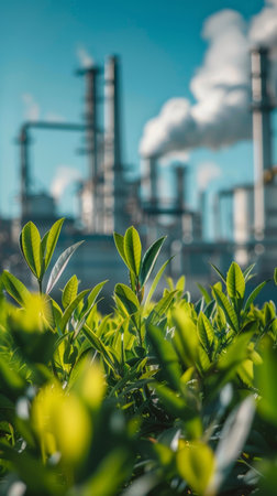 Sun-kissed green leaves flourish in the foreground, overshadowing the industrial stacks in the soft-focus backdropの素材