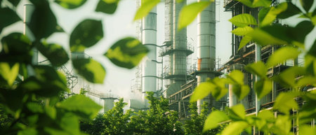A lush forest frames a sprawling industrial complex, its towering chimneys and pipes billowing thick smoke against a moody skyの素材