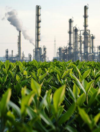 Crisp image of green leaves with industrial towers emitting smoke against a hazy skyの素材