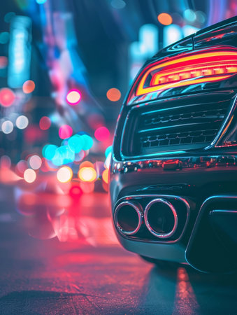 An exotic sports car's bold contours and glaming details are highlighted by the captivating interplay of neon lights, reflections, and blurred city scenery, creating a visually striking automotiveの素材