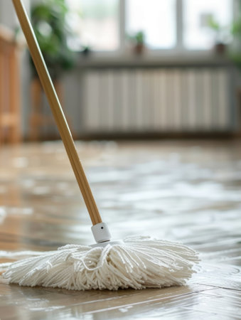 A wet mop head is submerged in a puddle on the wooden floor, soaking up the liquid and leaving the surface clean and dryの素材