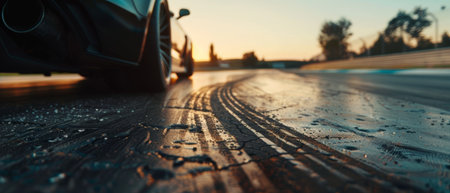 A close-up shot capturing the wet track from a car's perspective at sunset, highlighting the tire marks and reflections on the surfaceの素材