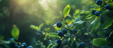 A cluster of lush, ripe blueberries glistening with dew against the warm, soft light of the setting sun, creating a serene and enchanting natural sceneの素材
