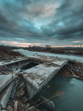 A once vital river crossing now lies in ruin, its destroyed concrete and steel structure submerged in the swirling waters below a stormy, brooding skyの素材