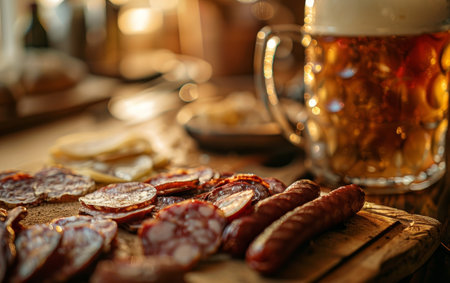 An inviting spread of sizzling sausages, crisp bread, and a frosty mug of golden beer, creating a tempting scene of hearty indulgenceの素材