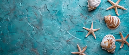 A variety of sea shells and starfish elegantly arranged on a textured turquoise background, providing ample copy space for text and advertising. Copy space for advertising, presentation productの素材
