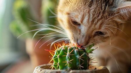 A ginger tabby cat gently bites a small cactus, a dangerous but curious natural interaction captured in warm lightの素材