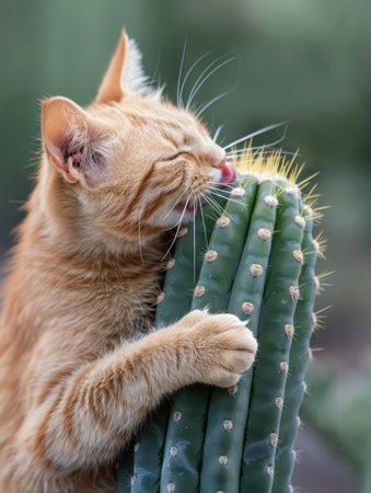 A ginger cat affectionately nuzzles a cactus, closing its eyes in apparent enjoyment, surrounded by soft-focused greeneryの素材