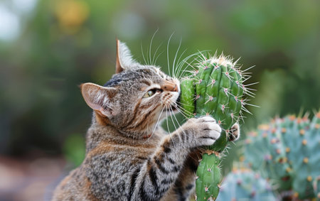 A tabby cat wraps its paws around a cactus, playfully biting it against a bokeh garden backdropの素材