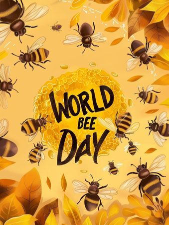 A whimsical and colorful illustration celebrating World Bee Day, featuring a variety of honeybees surrounded by a lush floral arrangement and playful typographic elementsの素材