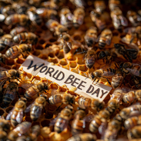 Honeybees buzz around a honeycomb with 'WORLD BEE DAY' marker, symbolizing their essential role in our ecosystemの素材