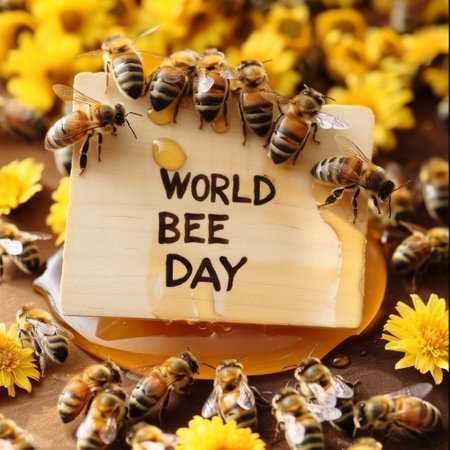 Celebratory image of bees on a honeycomb with a 'WORLD BEE DAY' note, surrounded by vibrant yellow flowersの素材