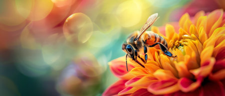 Immersed in the depths of a dahlia's petals, a bee is a study in contrast against the warm floral canvasの素材