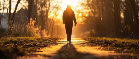 An individual strolls towards the sunrise on a paved path, flanked by grass and autumn foliage, embodied peaceの素材
