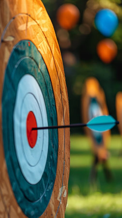 Close-up of an arrow nailing the bullseye on a rustic wooden archery target, with blurred balloons creating a whimsical backdropの素材