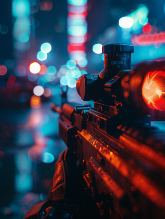 A tactical rifle sight set against the backdrop of a vibrant, neon-lit cityscape, creating a striking and visually captivating sceneの素材