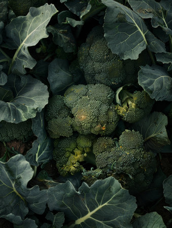 A cluster of brooding, deeply pigmented broccoli florets nestled amongst a dense array of earthy green leaves, creating a powerfully textured and moody visualの素材