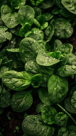 Dense green spinach foliage emerges from the soil, adorned with droplets that glisten like diamonds in the lightの素材