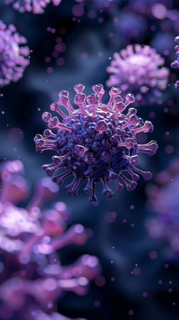 A magnified view of a virus with a detailed structure, artistically rendered to emphasize its form against a bokeh backdropの素材