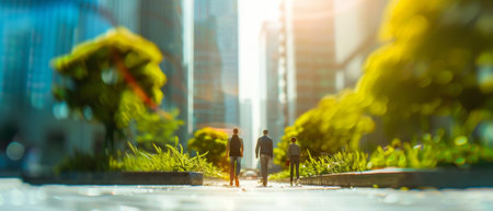 Urban professionals walk along a sun-drenched greenway between vibrant foliage, under the soft focus of a bustling cityscapeの素材