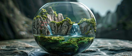 A tranquil terrarium depicts a peaceful miniature world, with a waterfall amidst rocky peaks, all encased within a clear glass globeの素材