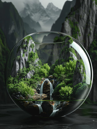 This serene terrarium art piece showcases a miniature mountain waterfall surrounded by verdant trees, encased in a glass globeの素材