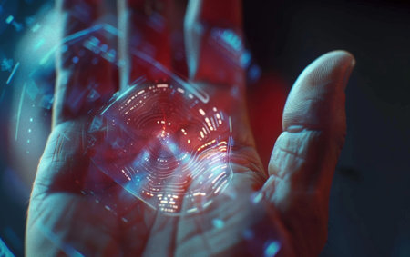 A conceptual image displaying a hand holding a holographic fingerprint, illustrating futuristic authentication technologyの素材