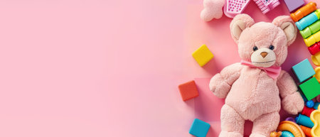 A plush teddy bear with a charming bow, surrounded by a wooden rainbow and multicolored blocks, against a pink canvasの素材