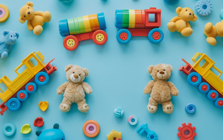 A vibrant toy train travels through a playful landscape filled with soft plush animals and geometric shapes, inviting children to embark on an imaginative journeyの素材