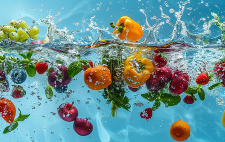 A vivid spectacle of fruits and vegetables caught in a lively splash, showcasing strawberries, apples, and peppers in an underwater danceの素材