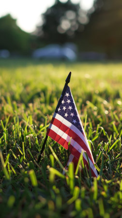 A solemn image of a soldier grave marked by a neatly placed American flag, symbolizing honor and remembrance on Memorial Dayの素材