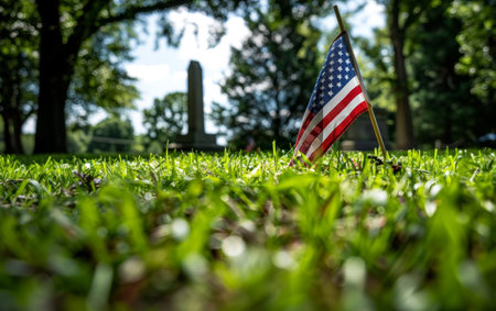 Sunlight filters through trees onto an American flag in a cemetery, honoring veterans on a somber Memorial Dayの素材